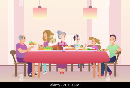 Cena di famiglia. Natale o giorno del Ringraziamento festeggiando. Famiglia che mangia insieme Illustrazione Vettoriale