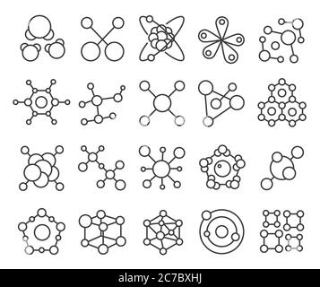 Set di icone del modello di molecola. Struttura chimica delle molecole e della scienza. Molecole di atomo icone della linea di contorno isolate. Illustrazione Vettoriale