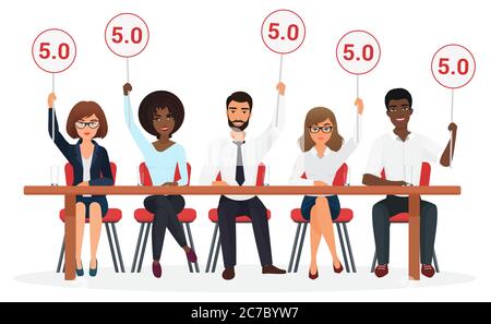 Gruppo di giovani giudici della competizione professionale. La giuria delle persone che tiene cartello con su tablet con stime Illustrazione Vettoriale