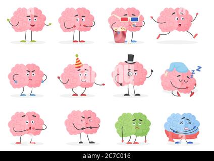 Emoticon di carattere cerebrale. Simpatico cartone animato emozioni cerebrali e attività illustrazione vettoriale Illustrazione Vettoriale
