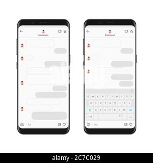 Modello realistico dell'app Messenger per chat su smartphone con bolle di chat e tastiera. Compositore finestre di dialogo Mockup vettoriale Illustrazione Vettoriale