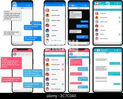 Concetto di social network. Set di modelli di schermo per telefono e tabella PAD. Finestra Messenger. Simulazione del concetto di chating e messaggistica per qualsiasi presentazione dell'interfaccia utente Illustrazione Vettoriale