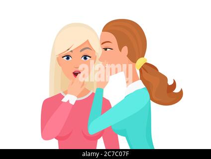 Donna sussurrando pettegolezzi, sorpreso, dice voci ad altri caratteri femminili. Gossiping segreto donna flat vettore illustrazione Illustrazione Vettoriale