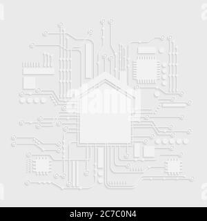 Icona della casa bianca Microchip. Concetto di illustrazione vettoriale per l'automazione domestica Illustrazione Vettoriale