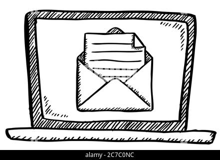 Fumetto stile di notebook con e-mail aperta Illustrazione vettoriale di doodle disegnata a mano. Illustrazione Vettoriale