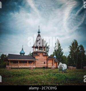 Antica chiesa in legno in Russia, città di San Pietroburgo. Con cavallo che mangia erba Foto Stock