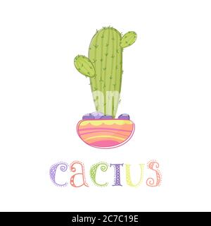 Carino cactus messicano in un'illustrazione vettoriale pentola. Dipinto a mano pianta cactus logo isolato Illustrazione Vettoriale