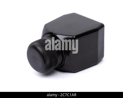 Flacone di plastica nero quadrato isolato su fondo bianco Foto Stock