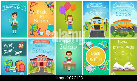 Set di banner modello per le schede di ritorno alla scuola, bus scolastico, bambini, lavagne, libri, illustrazione vettoriale delle attrezzature didattiche Illustrazione Vettoriale