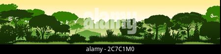 Paesaggio verde della foresta pluviale, giungla addensata. Sfondo orizzontale. Silhouette scenico. Alberi fitti, primavera lussureggiante, erba estiva. Mattina o pomeriggio Illustrazione Vettoriale