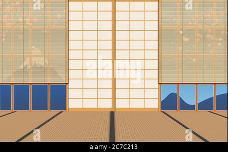 tenda di legno sulle finestre nella stanza dojo in giappone Illustrazione Vettoriale