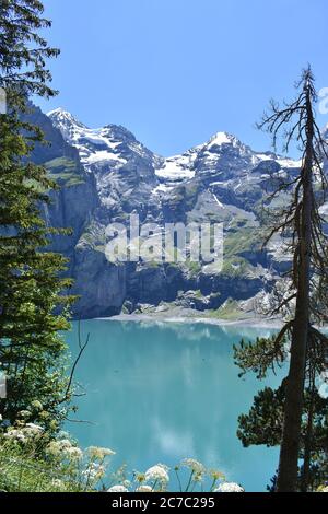 Vista dalla foresta del lago Oeschinen (Oeschinensee) nelle Alpi svizzere Foto Stock