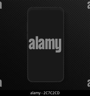 Smartphone vettoriale nero totalmente morbido e realistico. Modello di telefono 3D realistico e dettagliato di alta qualità per l'inserimento di qualsiasi test o presentazione dell'interfaccia utente. Il morbido e galleggiante sark si fa mimare con un display infinito Illustrazione Vettoriale