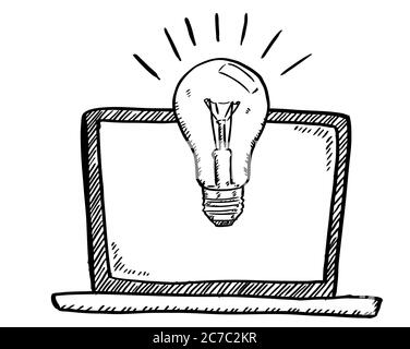 Fumetto in stile nero e bianco di notebook con lampadina idea. Illustrazione vettoriale disegnata a mano. Illustrazione Vettoriale