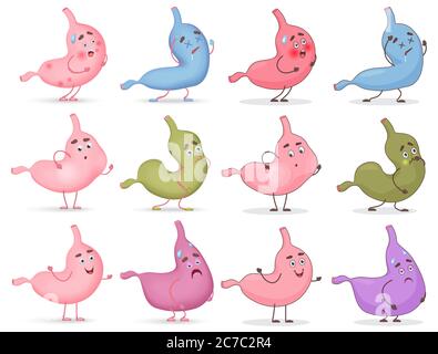 Set di cartone animato di simpatico stomaco emozioni set. Diversi tipi di illustrazione vettoriale di malattia dello stomaco Illustrazione Vettoriale