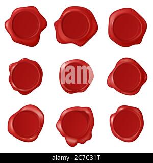 Set vettoriale per francobolli a cera d'epoca retro. Raccolta di cera per francobolli realistica. Etichette con timbro rosso per il certificato Illustrazione Vettoriale
