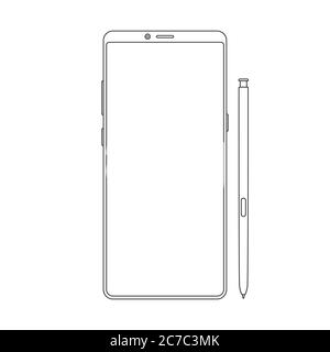 Nuova versione di smartphone vettoriale moderno Outline. Elegante smartphone sottile senza cornice con stilo Illustrazione Vettoriale