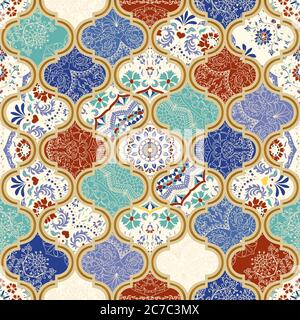 Patchwork colorato senza cuciture in stile turco.carta da parati vintage. Motivi islamici, arabi, indiani, ottomani. Vettore Illustrazione Vettoriale