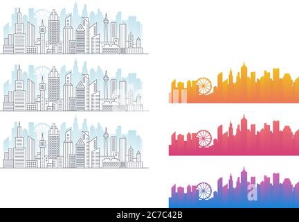 Linea moderna urbana grande città panorama con edificio a colori sullo sfondo. Contorno tratto città grattacieli illustrazione vettoriale Illustrazione Vettoriale