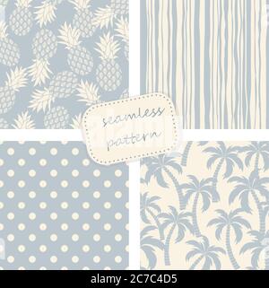 set di 4 motivi vintage senza cuciture in blu e beige. Disegnata a mano. L'illustrazione vettoriale può essere utilizzata per sfondo, tessuto, sfondo di pagine web. Illustrazione Vettoriale