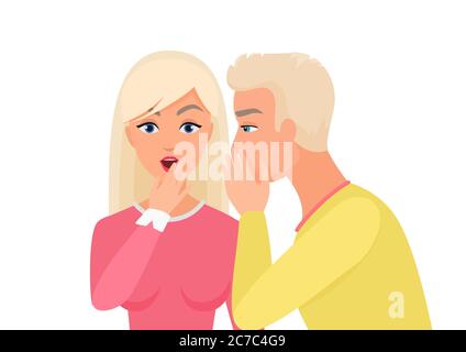 Uomo che sussurra pettegolezzi o voci segrete alla donna. Gossiping illustrazione vettoriale di persone segrete Illustrazione Vettoriale