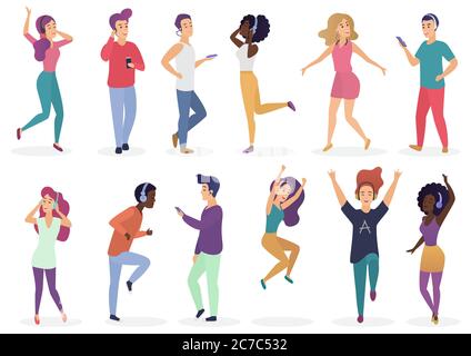 Diverse persone ballano e ascoltano musica con le cuffie. Cartoon giovani ragazzi e ragazze in abiti casual con audio giocatori vettoriale Illustrazione set Illustrazione Vettoriale