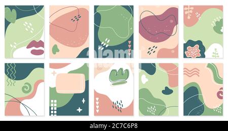 Modelli astratti creativi. Cartelloni disegnati a mano alla moda, invito di stile artistico di doodle dei social media, banner vettore di illustrazione di sfondo set Illustrazione Vettoriale
