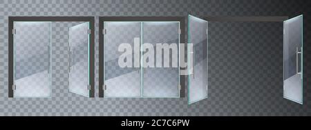 Porta in vetro realistica. Ingresso moderno porte di vetro, ufficio o negozio di strutture in acciaio porte chiuse e aperte vettoriali set di illustrazioni Illustrazione Vettoriale