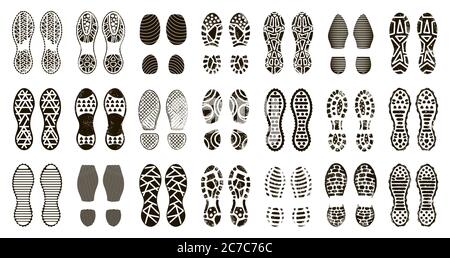 Ingombro degli stivali umani. Scarpe e silhouette a piedi nudi, stampa dei gradini di stivali uomo, footprint a trama a passo, icone isolate e set di illustrazioni Illustrazione Vettoriale