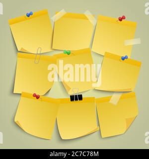 Note di carta gialle. Adesivi memo, carta adesiva per promemoria, nota appuntata isolata illustrazione vettoriale set di icone Illustrazione Vettoriale