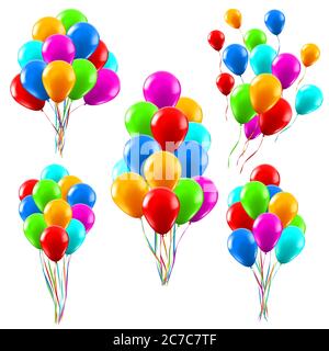 Palloncini colorati e realistici. Palloncini di elio verde lucido, rosso e blu mazzi, festa di compleanno decorazioni vettoriali illustrazione set Illustrazione Vettoriale