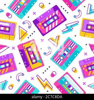 Modello retrocassetta. Modello di festa memphis 90 vintage senza cuciture, cassetta audio mix musicale, sfondo vettoriale audiocassette stereo 80 s. Illustrazione Vettoriale