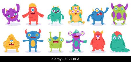 Personaggi mostro di cartoni animati. Halloween divertenti mostri, carino peluche mascotte aliene, stupido mostri gremlin, creature spooky vettore illustrazione set Illustrazione Vettoriale