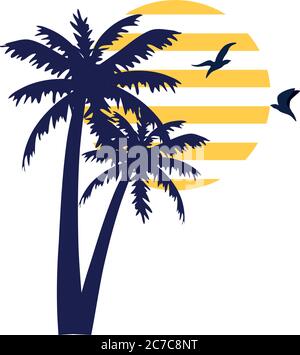 silhouette tropicale con palme e uccelli che volano su sfondo bianco Illustrazione Vettoriale