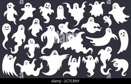 Fantasma di Halloween spooky. Spaventosi personaggi fantasma, mosca divertente spok, simpatico sorridente scherzare halloween mascotte fantasma illustrazione insieme vettoriale Illustrazione Vettoriale