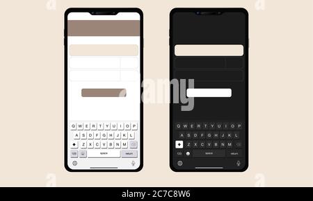 Smartphone la forma di un moderno telefono cellulare. Tastiera vettoriale moderna di smartphone, tasti alfabetici, modalità UI chiara e scura, Illustrazione Vettoriale