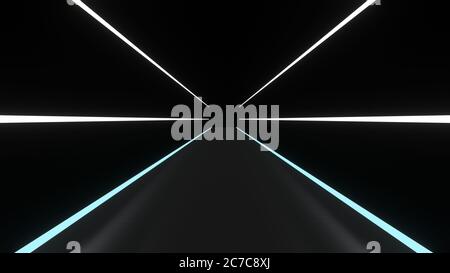 Sfondo astratto linee incandescenti tunnel, luci al neon bianco e blu. Immagine di rendering 3D Foto Stock