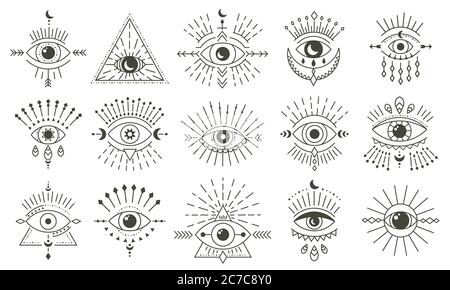 Occhio di cazzoletto male. Talismano d'occhio magico stregoneria, occhi esoterici magici, religione simboli geometrici sacri simboli vettoriali icone di illustrazione set Illustrazione Vettoriale