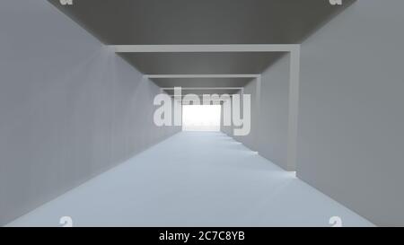 Sfondo astratto vuoto lungo luce corridoio moderno, tunnel bianco quadrato. Immagine di rendering 3D Foto Stock