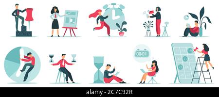 Pianificazione. Strategia di tempistica del lavoro, pianificazione del lavoro per il personale dell'ufficio, set di illustrazioni vettoriali per la gestione del tempo produttivo Illustrazione Vettoriale