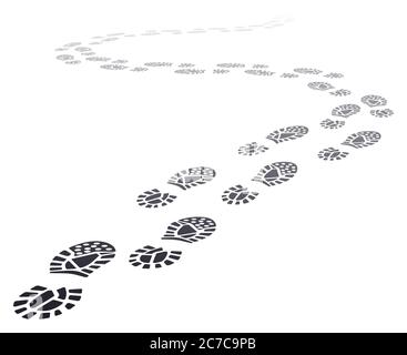 Camminare lontano impronte. Passi in uscita percorso prospettico, piedi lontano umano piedi gradini silhouette, scarpe passi traccia vettore illustrazione Illustrazione Vettoriale