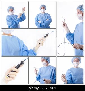 composizione di diverse foto di cateteri e dottore Foto Stock