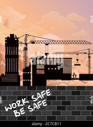 Sviluppo urbano generico con silhouette con il lavoro sicuro messaggio di sicurezza su parete in mattoni contro un cielo nuvoloso alba mozzafiato Foto Stock