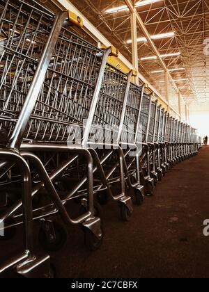 Immagine verticale di carrelli metallici per la spesa allineati accanto a. muro all'interno di un edificio Foto Stock