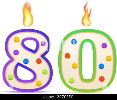 Ottanta anni anniversario, 80 numero a forma di candela di compleanno con fuoco su bianco Illustrazione Vettoriale