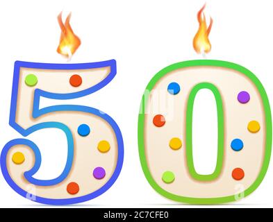 Cinquanta anni anniversario, 50 numero a forma di candela di compleanno con fuoco su bianco Illustrazione Vettoriale