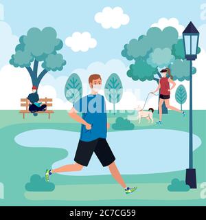 Distanza sociale tra uomini e donne con maschere al disegno vettoriale parco Illustrazione Vettoriale