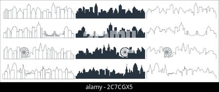 Linea complessa, linea continua e profilo dello skyline della città nero piatto. Illustrazione vettoriale di sfondo dei grattacieli Illustrazione Vettoriale