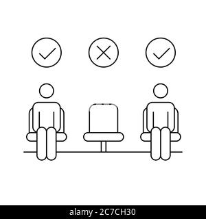 Concetto di riapertura del cinema. Due uomini in posti con una sedia vuota. La distanza sociale nei luoghi pubblici. Icona linea uomo avambraccio. Contorno nero su bianco Illustrazione Vettoriale