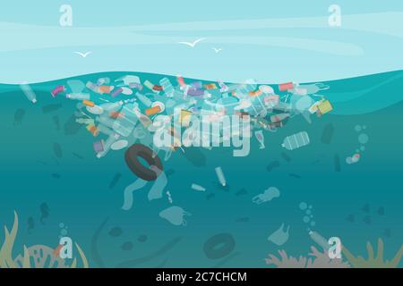 Inquinamento plastico rifiuti sottomarini con diversi tipi di rifiuti - bottiglie di plastica, sacchetti, rifiuti galleggianti in acqua. Illustrazione vettoriale del concetto di inquinamento idrico marino Illustrazione Vettoriale